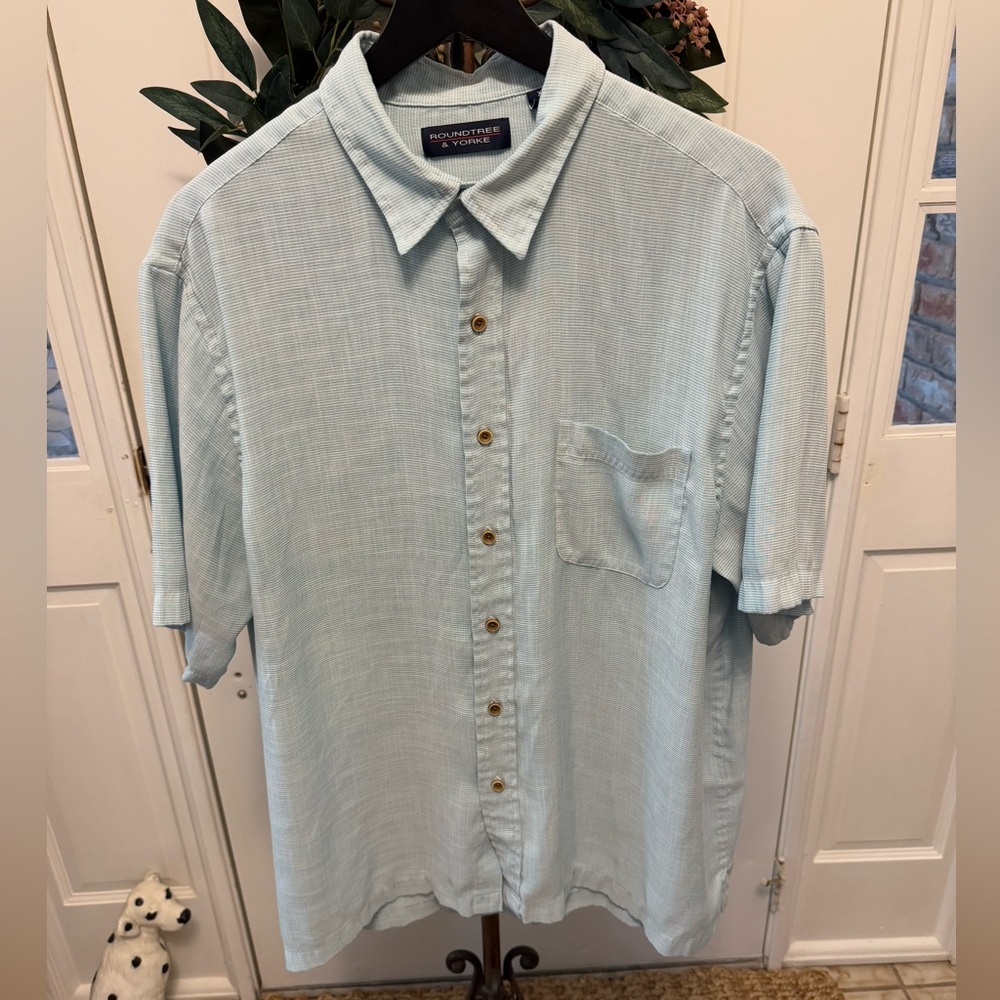 Roundtree & Yorke Light Green Micro Plaid Print Button down Shirt SS XL
